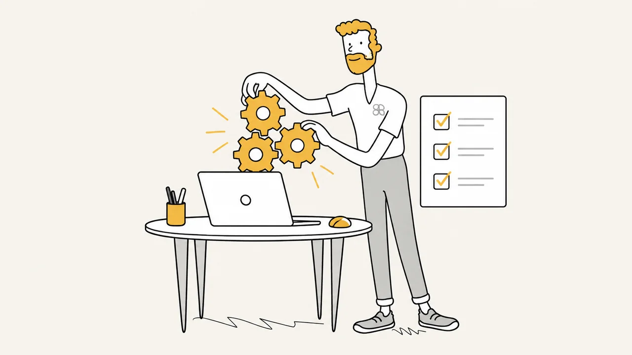 Sergio organizza ingranaggi e una checklist per un flusso di lavoro AI